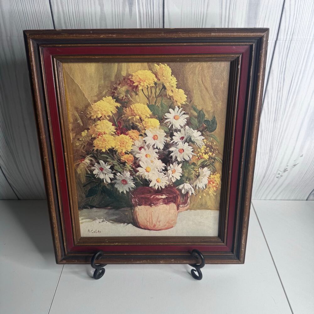 Vintage Floral Still Life Print Framed Yellow White Daisies Cottage Farmhouse